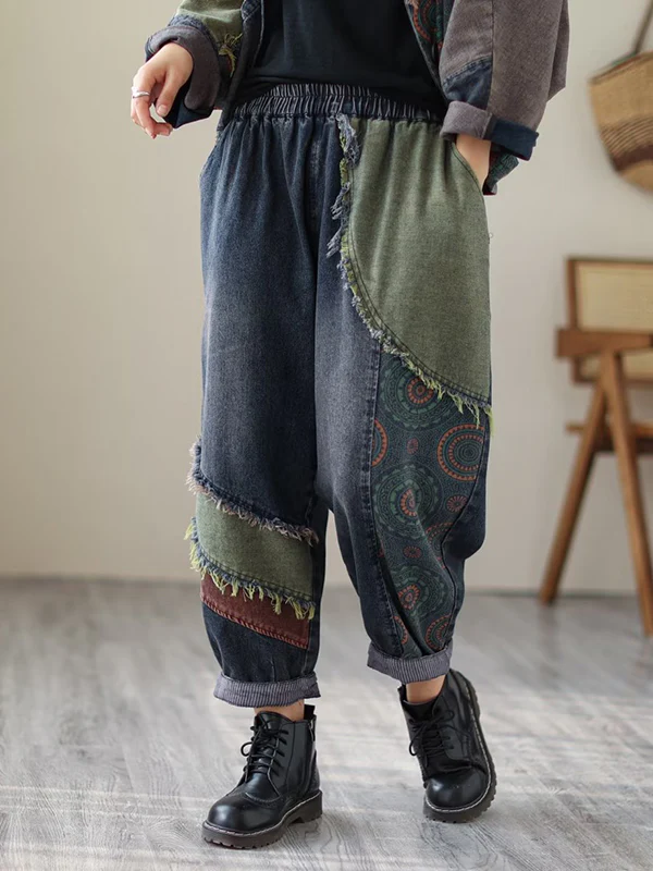 Contrast Color Fringed Split-Joint Long Sleeves Printed Outwear + Harem Pants  Two Pieces Set - Image 27