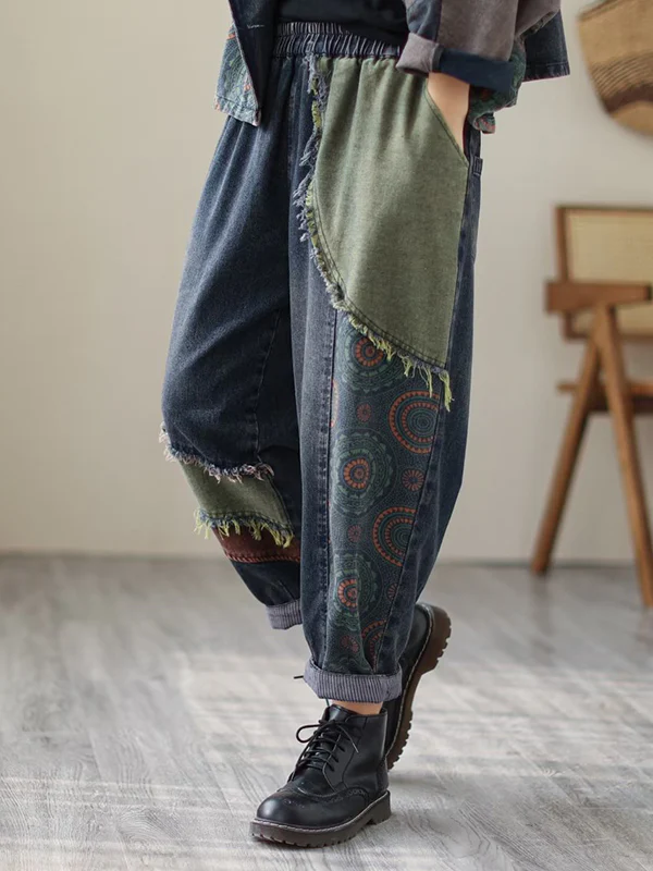 Contrast Color Fringed Split-Joint Long Sleeves Printed Outwear + Harem Pants  Two Pieces Set - Image 28