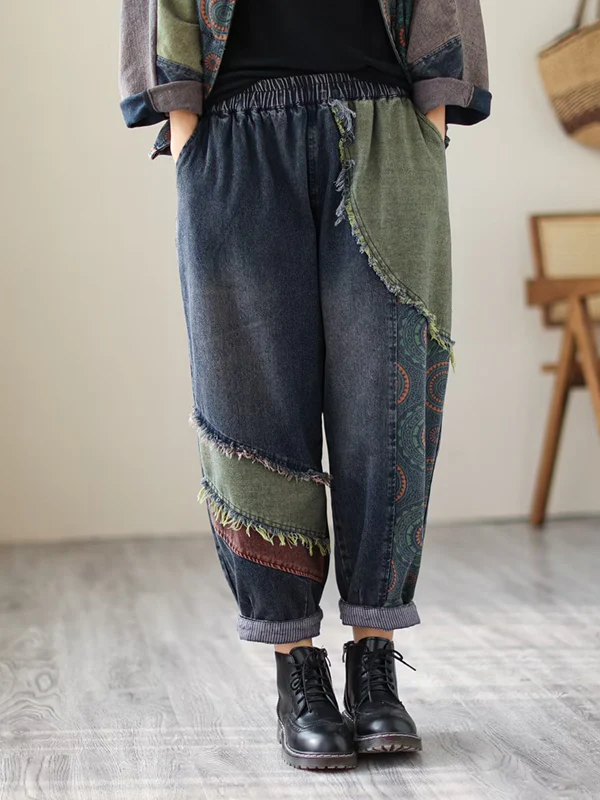 Contrast Color Fringed Split-Joint Long Sleeves Printed Outwear + Harem Pants  Two Pieces Set - Image 29