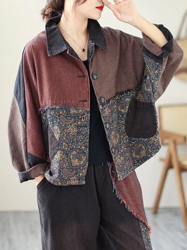 Contrast Color Fringed Split-Joint Long Sleeves Printed Outwear + Harem Pants  Two Pieces Set - Image 3
