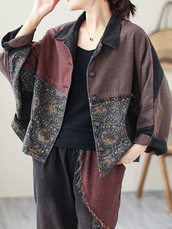 Contrast Color Fringed Split-Joint Long Sleeves Printed Outwear + Harem Pants  Two Pieces Set - Image 5
