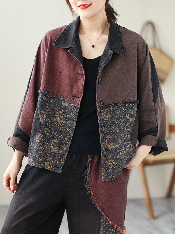 Contrast Color Fringed Split-Joint Long Sleeves Printed Outwear + Harem Pants  Two Pieces Set - Image 6