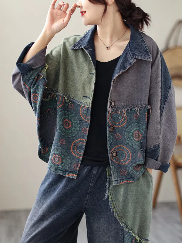 Contrast Color Fringed Split-Joint Long Sleeves Printed Outwear + Harem Pants  Two Pieces Set - Image 9