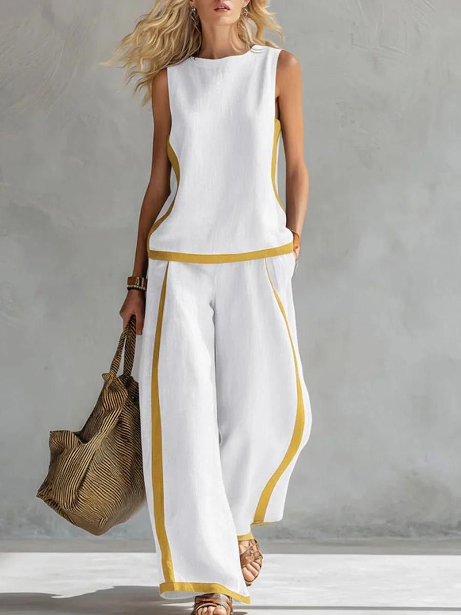 Contrast Color High Waisted Pants + Round-Neck Sleeveless Top Two Pieces Set - Image 2