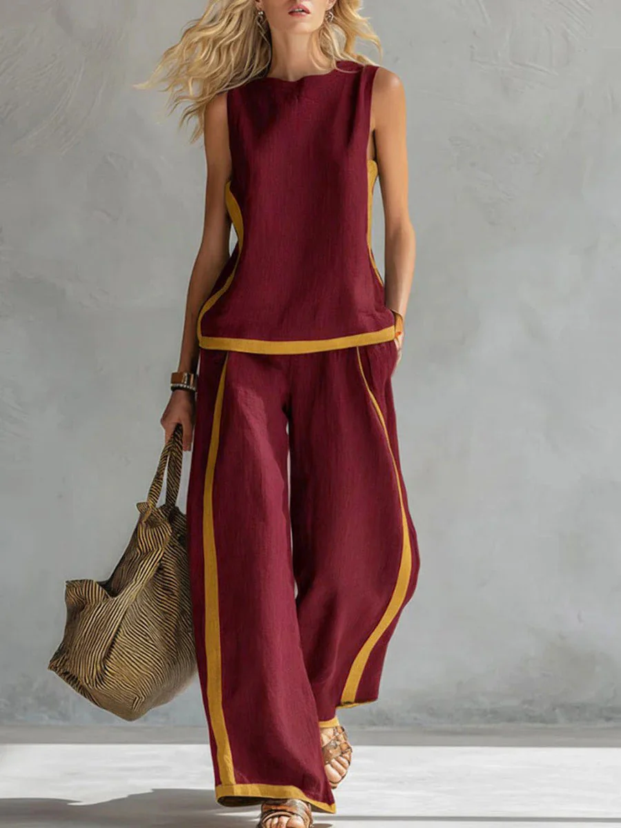 Contrast Color High Waisted Pants + Round-Neck Sleeveless Top Two Pieces Set - Image 3