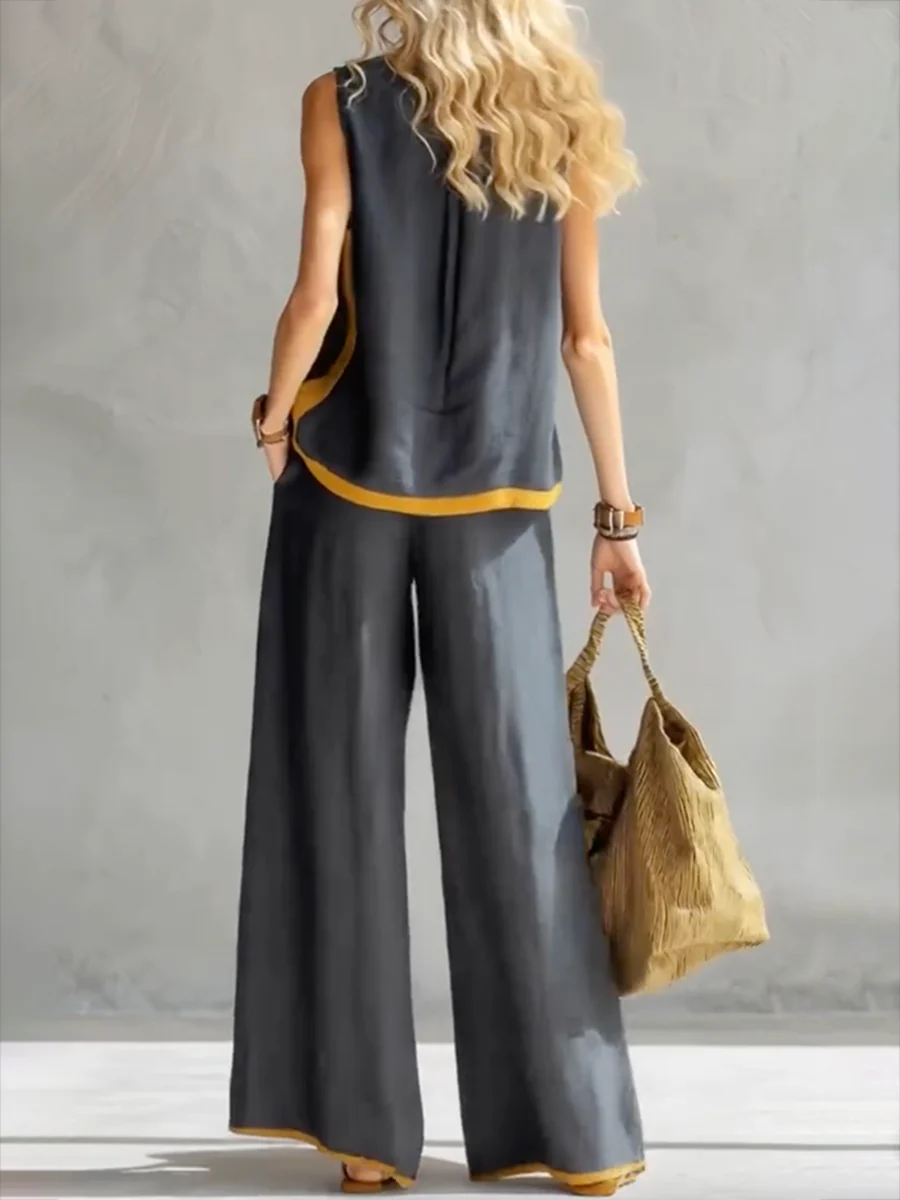 Contrast Color High Waisted Pants + Round-Neck Sleeveless Top Two Pieces Set - Image 4