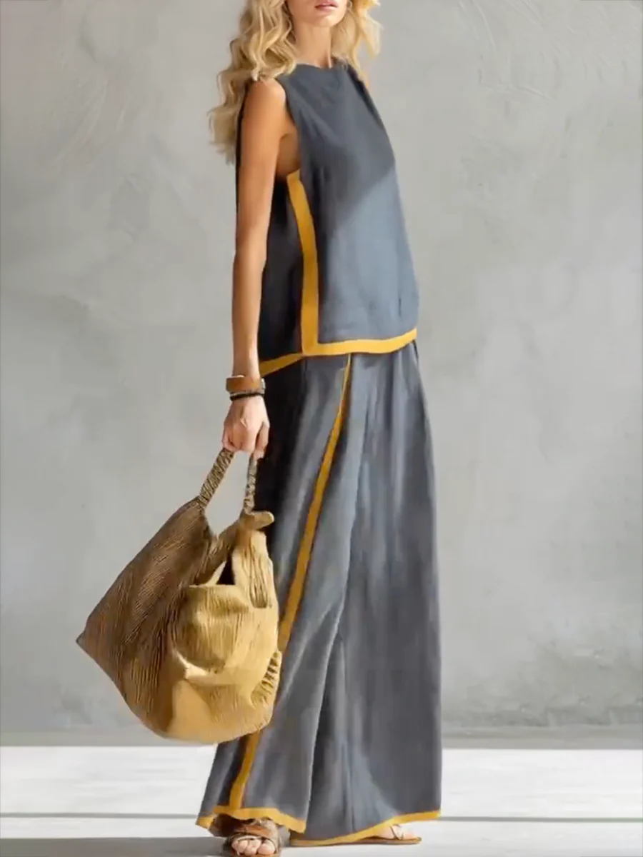 Contrast Color High Waisted Pants + Round-Neck Sleeveless Top Two Pieces Set - Image 5