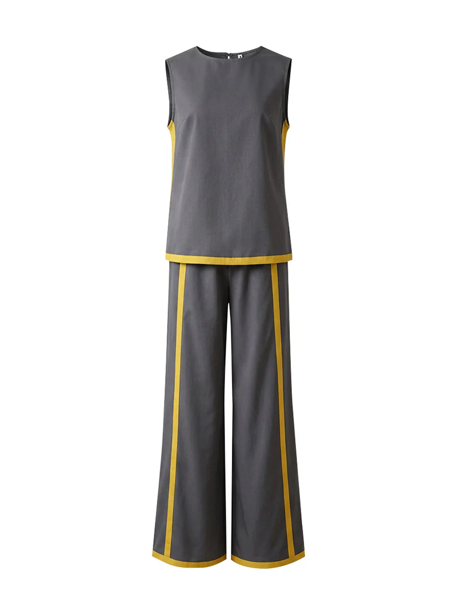 Contrast Color High Waisted Pants + Round-Neck Sleeveless Top Two Pieces Set - Image 6