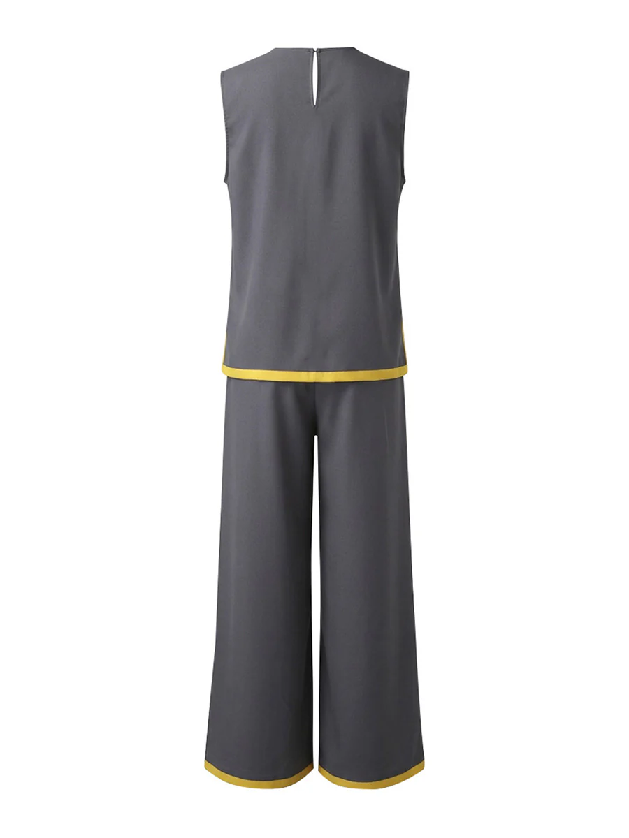 Contrast Color High Waisted Pants + Round-Neck Sleeveless Top Two Pieces Set - Image 7