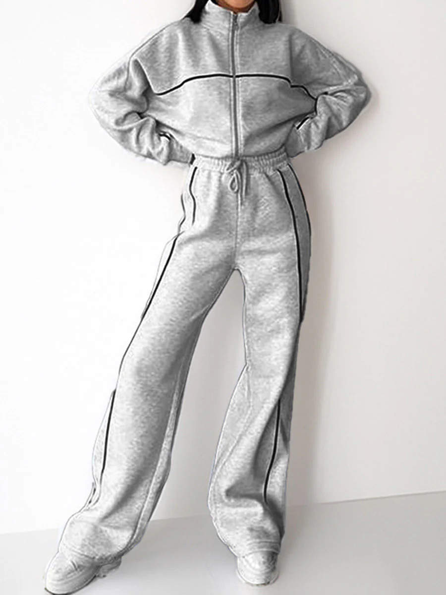 Contrast Color Line Split-Joint Zipper Lapel Outerwear +  Elasticated Waist High Waisted Drawstring  Pants Two Pieces Set - Image 2