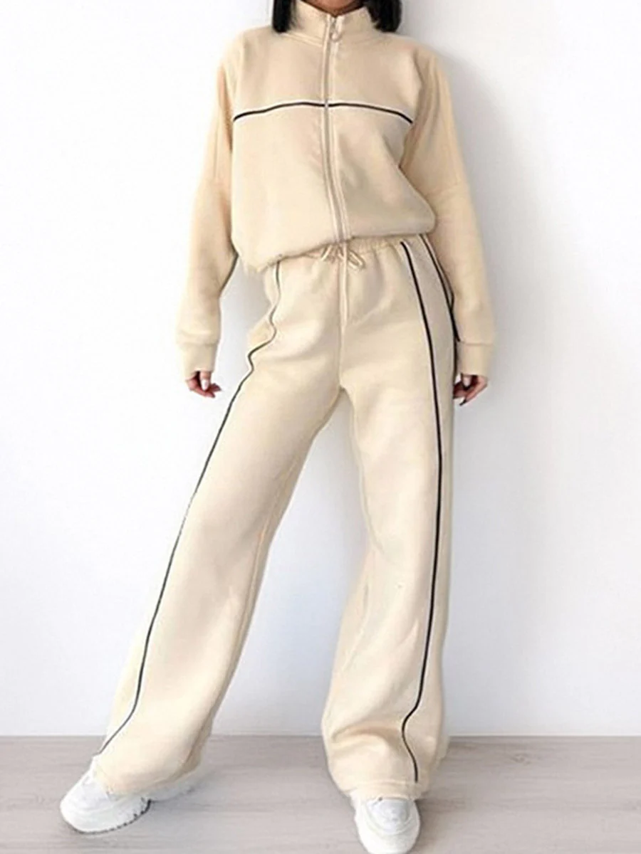 Contrast Color Line Split-Joint Zipper Lapel Outerwear +  Elasticated Waist High Waisted Drawstring  Pants Two Pieces Set - Image 3