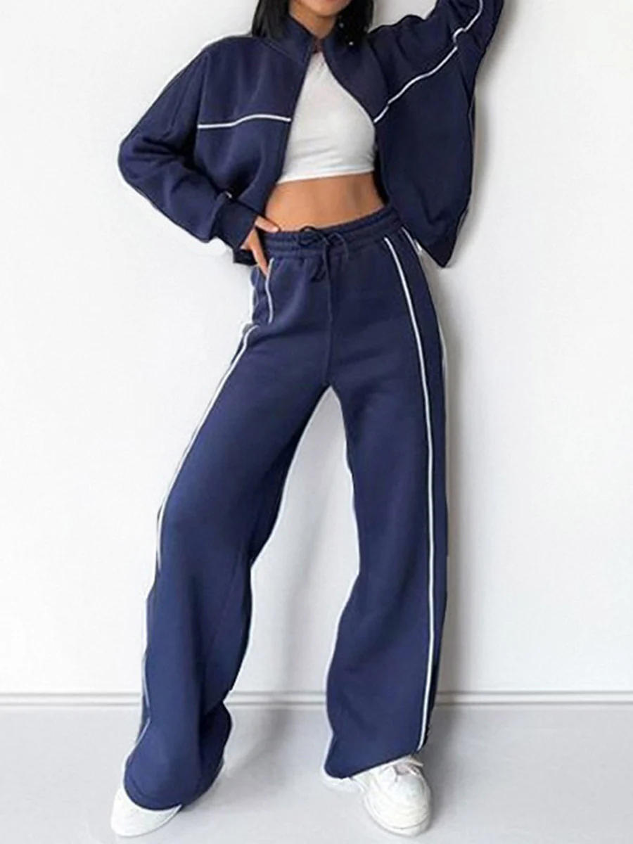 Contrast Color Line Split-Joint Zipper Lapel Outerwear +  Elasticated Waist High Waisted Drawstring  Pants Two Pieces Set - Image 4