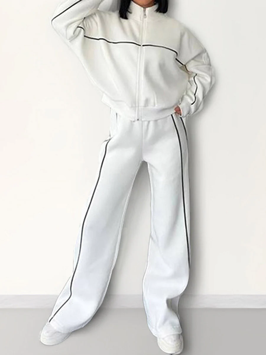 Contrast Color Line Split-Joint Zipper Lapel Outerwear +  Elasticated Waist High Waisted Drawstring  Pants Two Pieces Set - Image 6