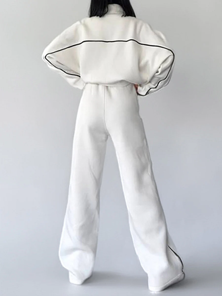 Contrast Color Line Split-Joint Zipper Lapel Outerwear +  Elasticated Waist High Waisted Drawstring  Pants Two Pieces Set - Image 7