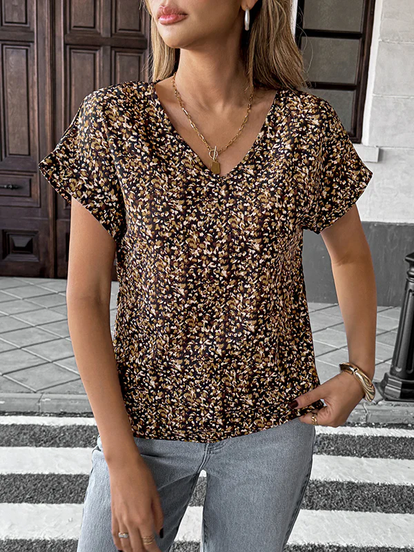 Loose Short Sleeves Contrast Color V-Neck Blouses&Shirts Tops - Image 2