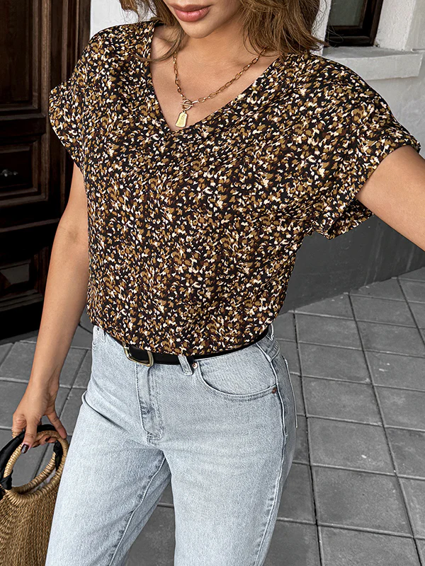 Loose Short Sleeves Contrast Color V-Neck Blouses&Shirts Tops - Image 3