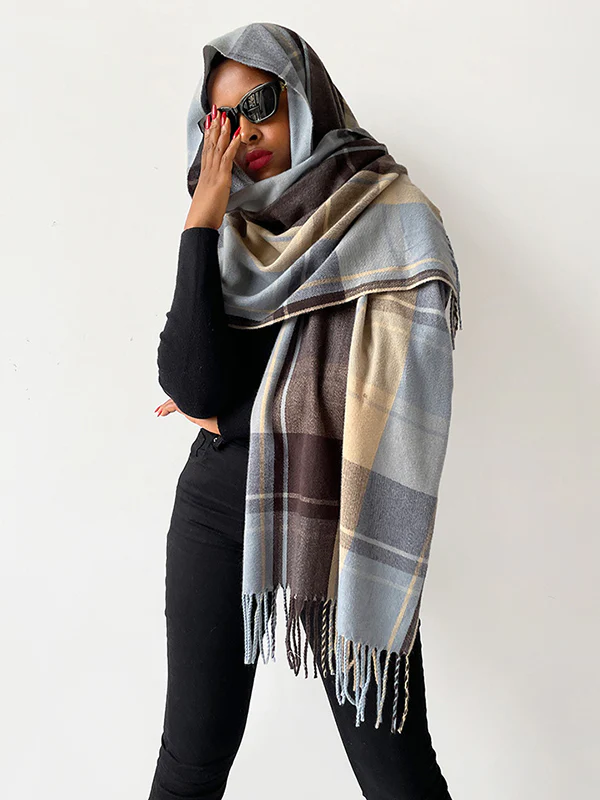 Contrast Color Plaid Striped Tasseled Shawl&Scarf - Image 2