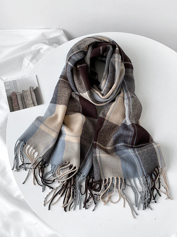 Contrast Color Plaid Striped Tasseled Shawl&Scarf - Image 3