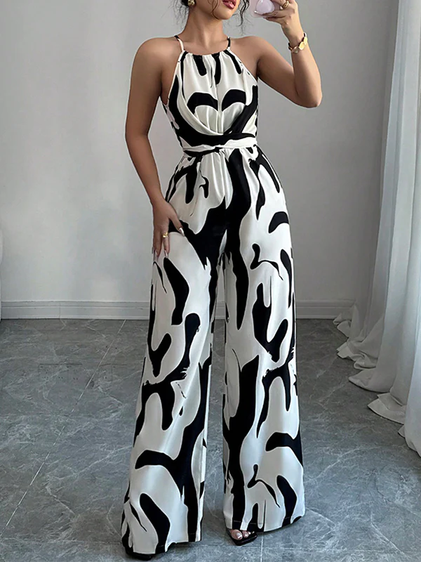 Loose Sleeveless Contrast Color Pleated Spaghetti-Neck Jumpsuits - Image 2