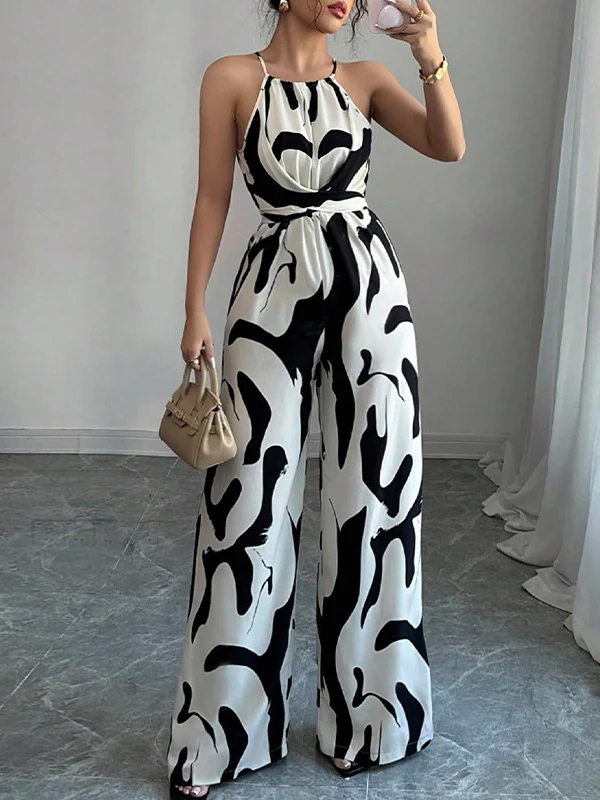 Loose Sleeveless Contrast Color Pleated Spaghetti-Neck Jumpsuits - Image 3