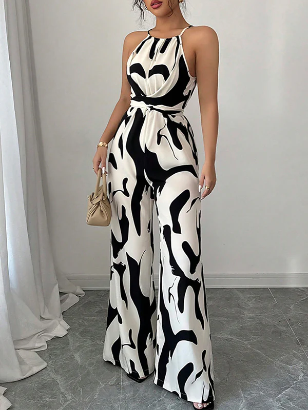 Loose Sleeveless Contrast Color Pleated Spaghetti-Neck Jumpsuits - Image 4