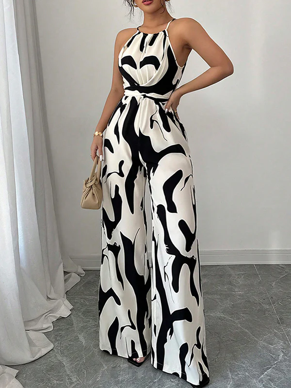 Loose Sleeveless Contrast Color Pleated Spaghetti-Neck Jumpsuits - Image 5