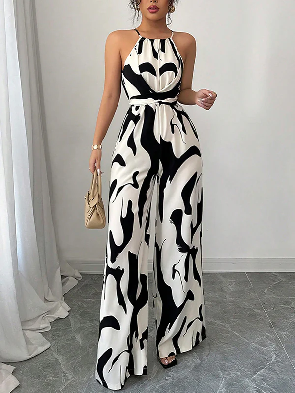Loose Sleeveless Contrast Color Pleated Spaghetti-Neck Jumpsuits - Image 6