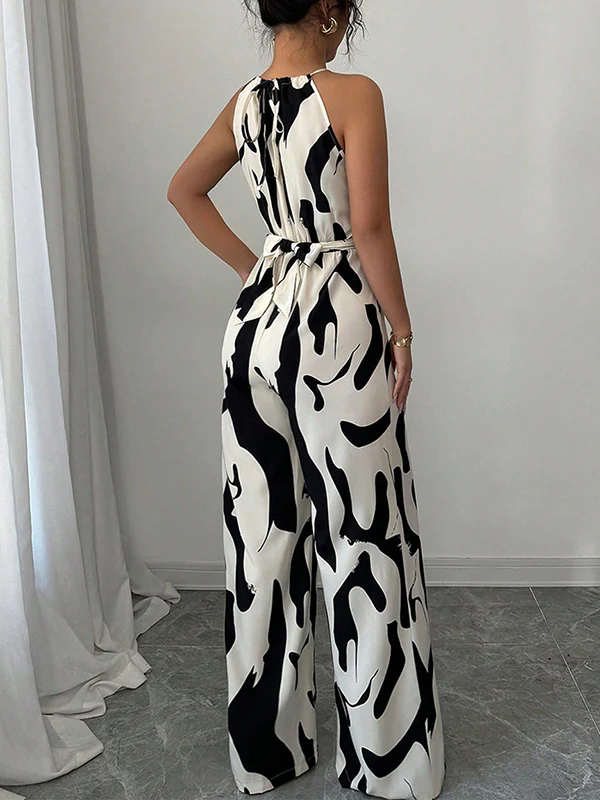 Loose Sleeveless Contrast Color Pleated Spaghetti-Neck Jumpsuits - Image 7