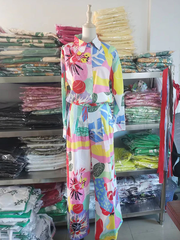 Contrast Color Printed Long Sleeves Buttoned Lapel Blouses Top+ High Waisted Pants Bottom Two Pieces Set - Image 10