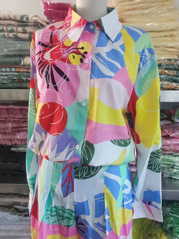 Contrast Color Printed Long Sleeves Buttoned Lapel Blouses Top+ High Waisted Pants Bottom Two Pieces Set - Image 11