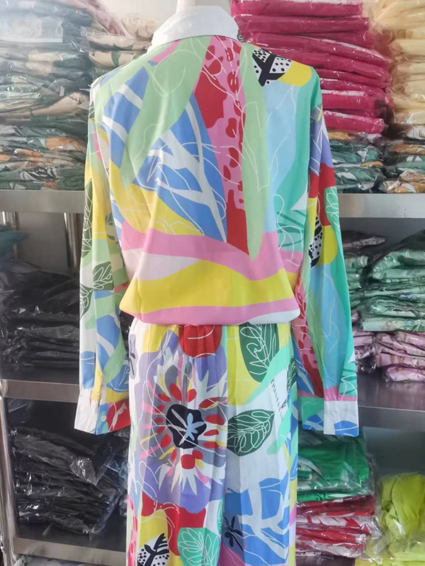 Contrast Color Printed Long Sleeves Buttoned Lapel Blouses Top+ High Waisted Pants Bottom Two Pieces Set - Image 12