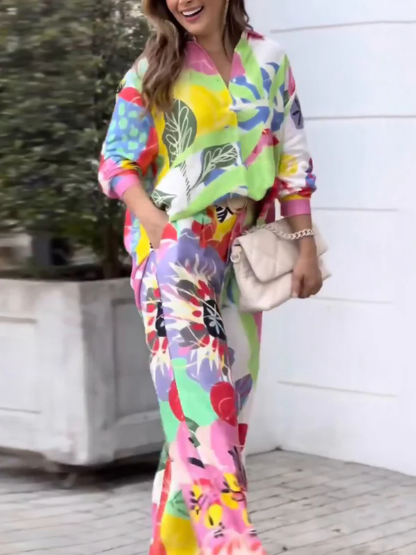 Contrast Color Printed Long Sleeves Buttoned Lapel Blouses Top+ High Waisted Pants Bottom Two Pieces Set - Image 2