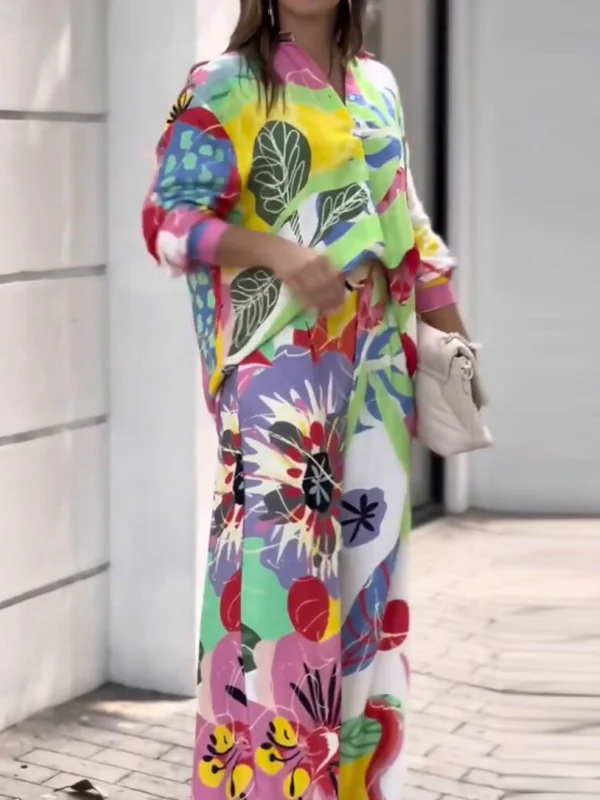 Contrast Color Printed Long Sleeves Buttoned Lapel Blouses Top+ High Waisted Pants Bottom Two Pieces Set - Image 3