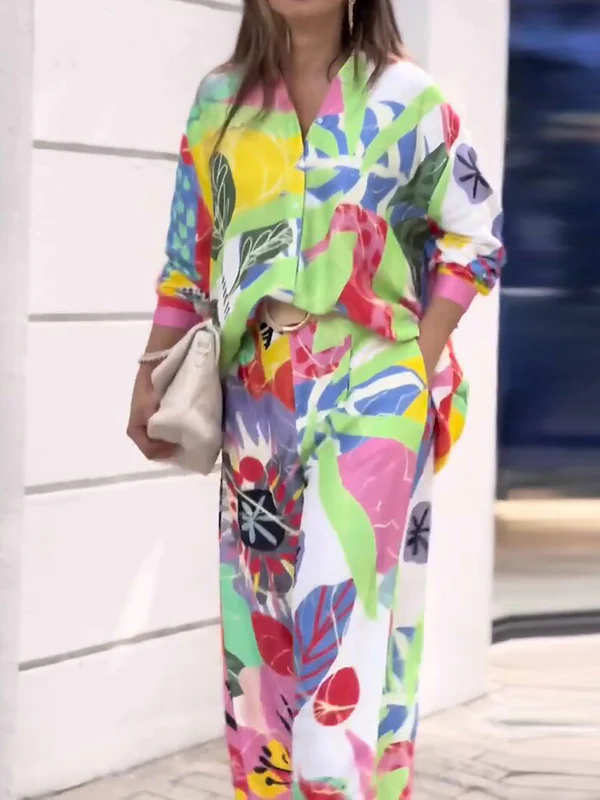 Contrast Color Printed Long Sleeves Buttoned Lapel Blouses Top+ High Waisted Pants Bottom Two Pieces Set - Image 4