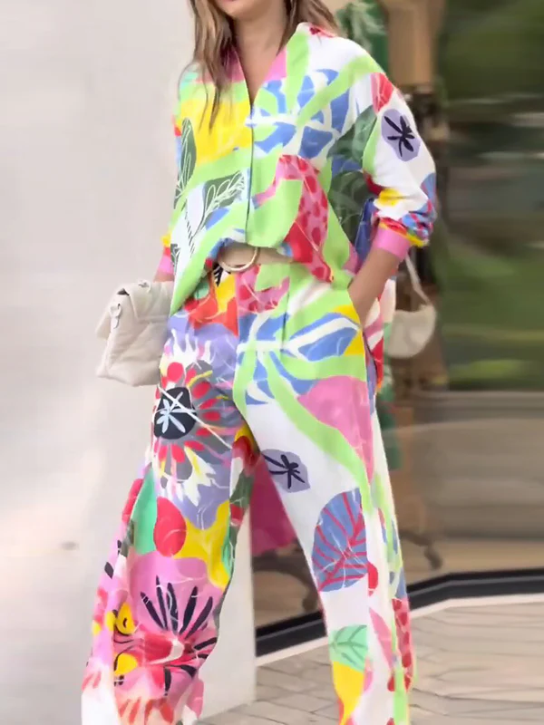 Contrast Color Printed Long Sleeves Buttoned Lapel Blouses Top+ High Waisted Pants Bottom Two Pieces Set - Image 5