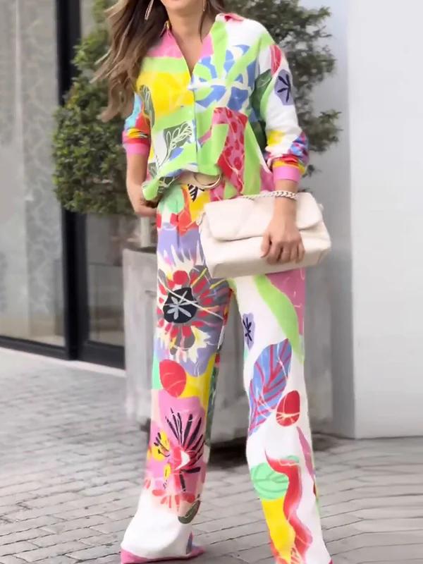 Contrast Color Printed Long Sleeves Buttoned Lapel Blouses Top+ High Waisted Pants Bottom Two Pieces Set - Image 6
