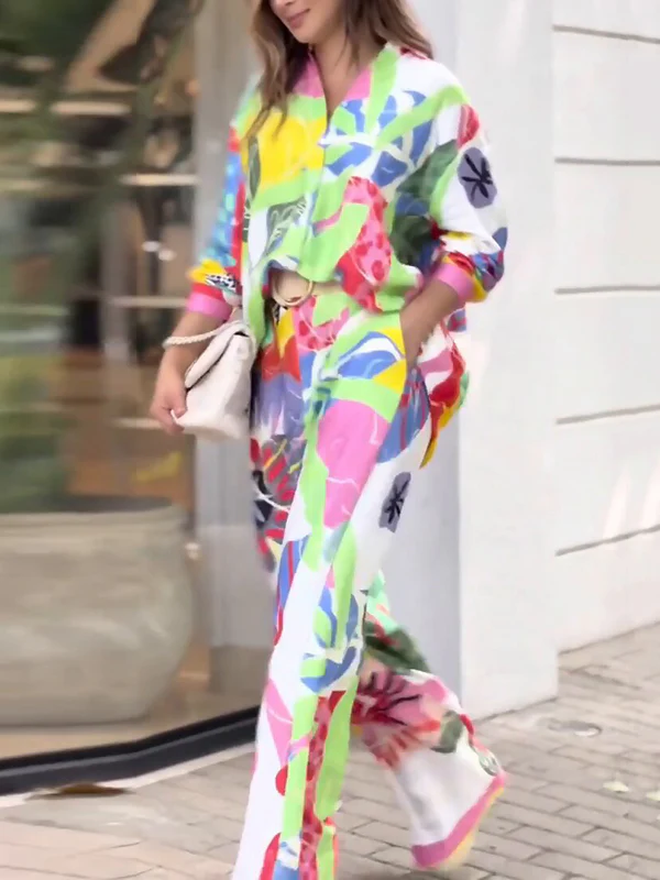 Contrast Color Printed Long Sleeves Buttoned Lapel Blouses Top+ High Waisted Pants Bottom Two Pieces Set - Image 7