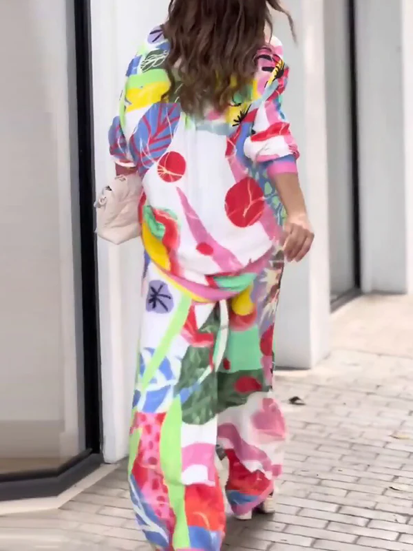 Contrast Color Printed Long Sleeves Buttoned Lapel Blouses Top+ High Waisted Pants Bottom Two Pieces Set - Image 8
