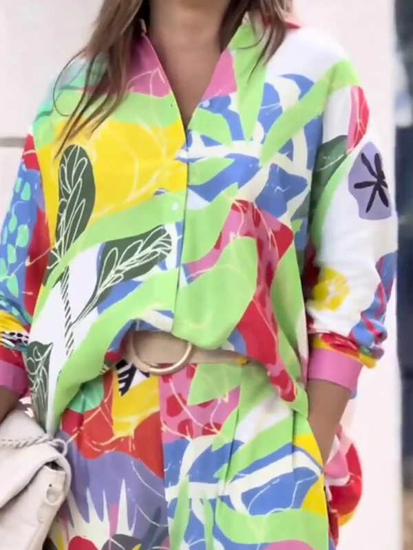 Contrast Color Printed Long Sleeves Buttoned Lapel Blouses Top+ High Waisted Pants Bottom Two Pieces Set - Image 9