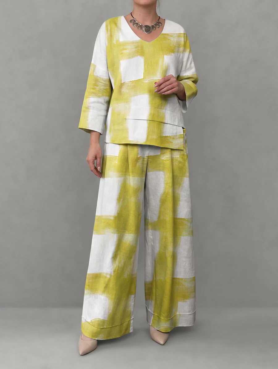 Contrast Color Printed V-Neck Long Sleeves Asymmetric Blouses&Shirts Tops + High Waisted Pockets Pants Trousers Two Pieces Set - Image 2