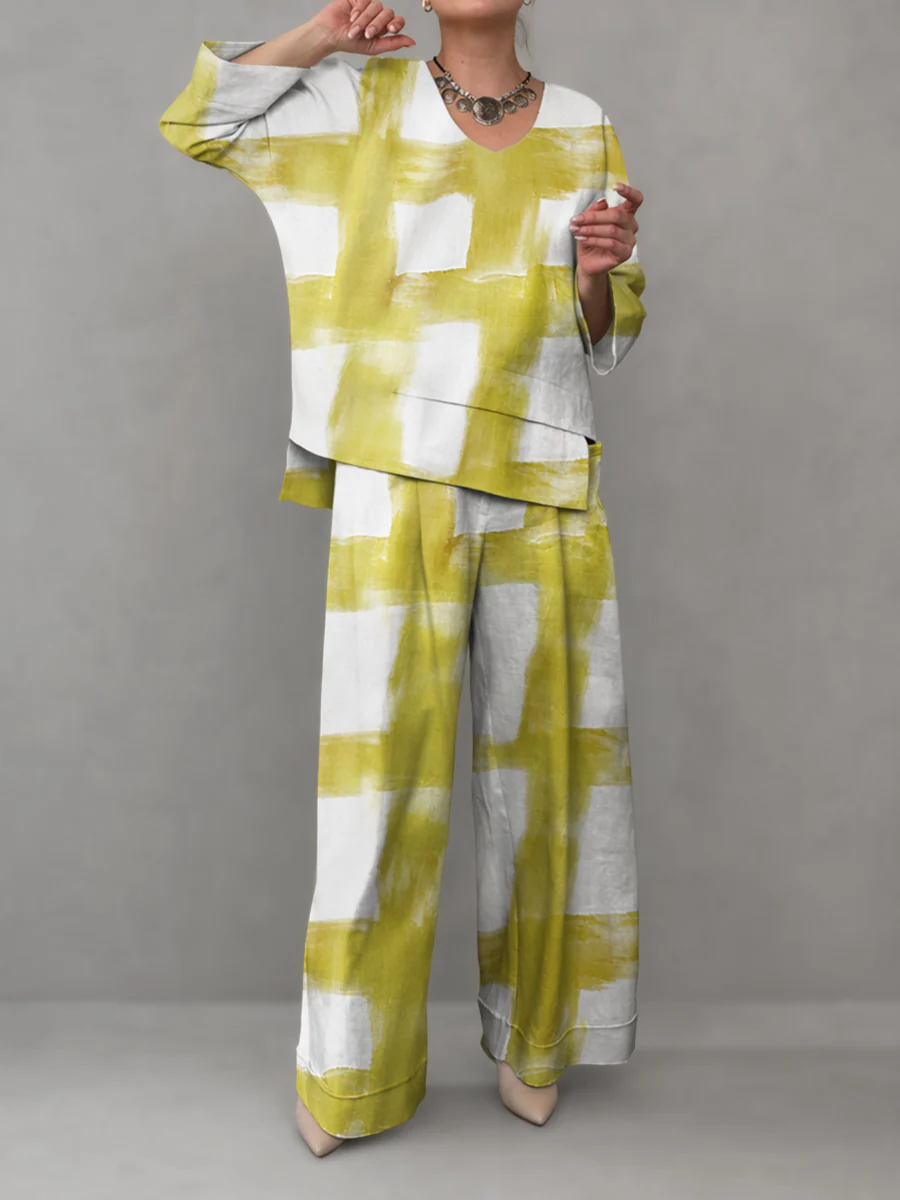 Contrast Color Printed V-Neck Long Sleeves Asymmetric Blouses&Shirts Tops + High Waisted Pockets Pants Trousers Two Pieces Set - Image 3