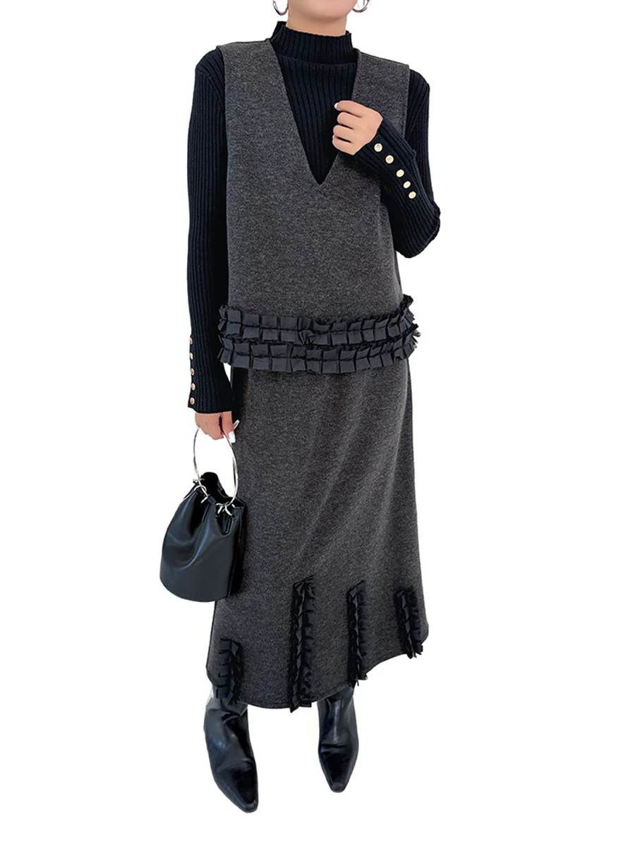 Contrast Color Ruffled Split-Joint V-Neck Vest Top + Elasticated Waist High Waisted Pleated Skirts Bottoms Two Pieces Set - Image 11