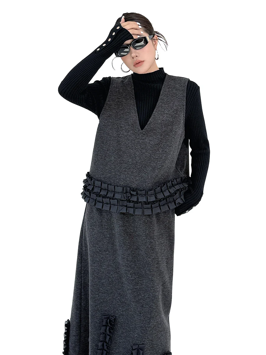 Contrast Color Ruffled Split-Joint V-Neck Vest Top + Elasticated Waist High Waisted Pleated Skirts Bottoms Two Pieces Set - Image 12