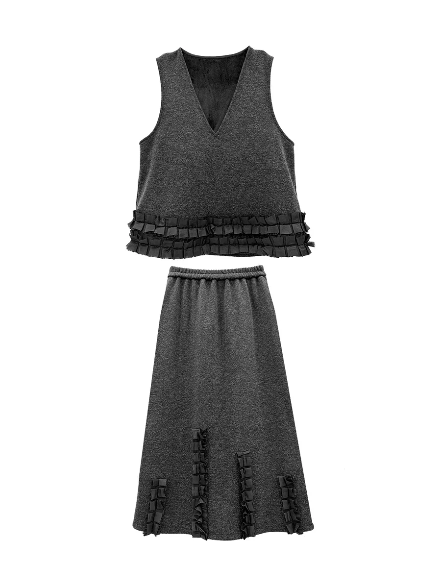 Contrast Color Ruffled Split-Joint V-Neck Vest Top + Elasticated Waist High Waisted Pleated Skirts Bottoms Two Pieces Set - Image 14