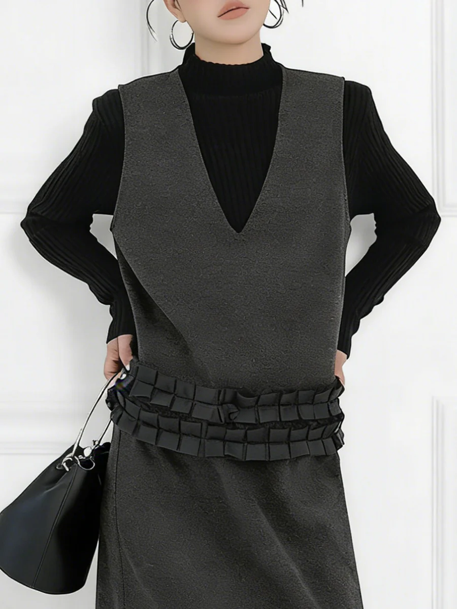 Contrast Color Ruffled Split-Joint V-Neck Vest Top + Elasticated Waist High Waisted Pleated Skirts Bottoms Two Pieces Set - Image 3
