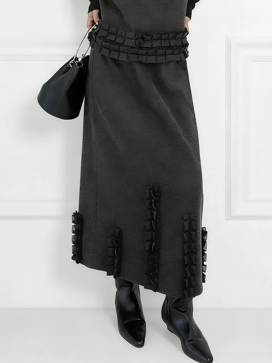 Contrast Color Ruffled Split-Joint V-Neck Vest Top + Elasticated Waist High Waisted Pleated Skirts Bottoms Two Pieces Set - Image 4