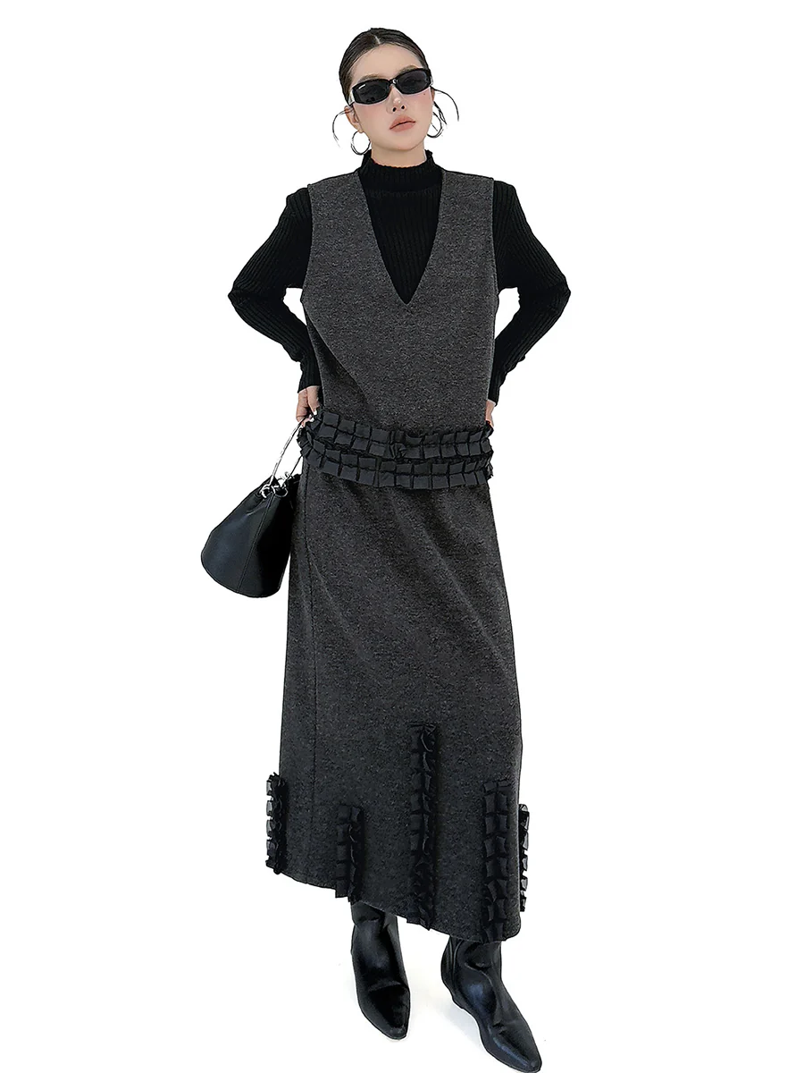 Contrast Color Ruffled Split-Joint V-Neck Vest Top + Elasticated Waist High Waisted Pleated Skirts Bottoms Two Pieces Set - Image 5
