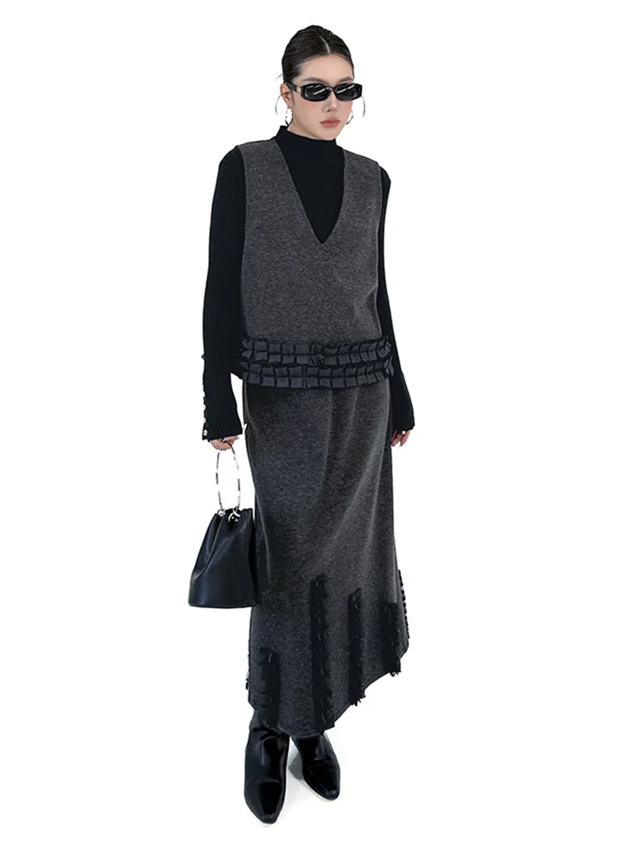 Contrast Color Ruffled Split-Joint V-Neck Vest Top + Elasticated Waist High Waisted Pleated Skirts Bottoms Two Pieces Set - Image 7