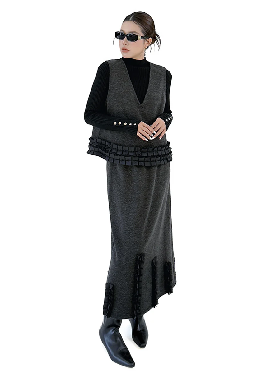 Contrast Color Ruffled Split-Joint V-Neck Vest Top + Elasticated Waist High Waisted Pleated Skirts Bottoms Two Pieces Set - Image 9