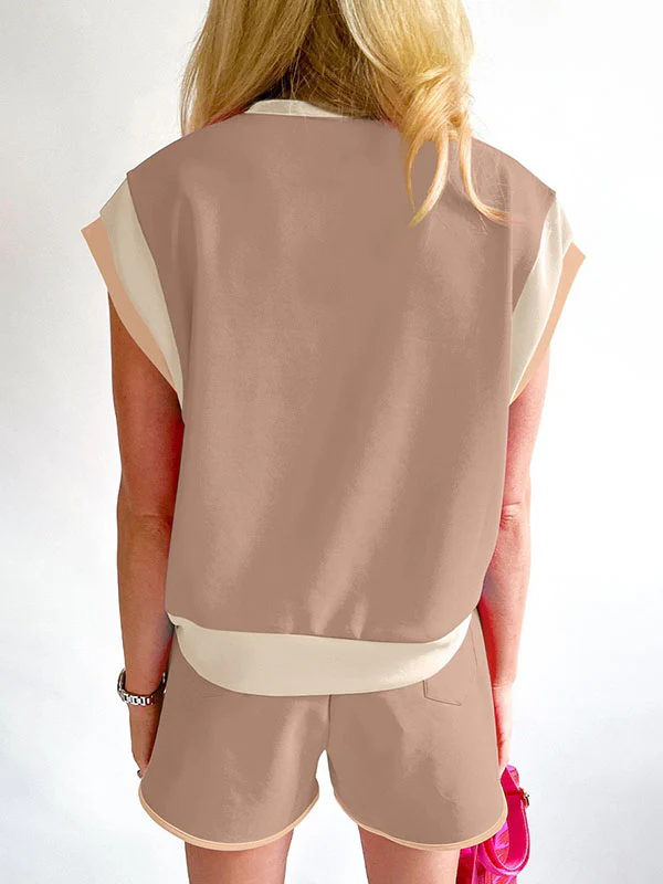 Contrast Color Short Sleeves Round-Neck T-Shirt + Elasticity Shorts Two Pieces Set - Image 10